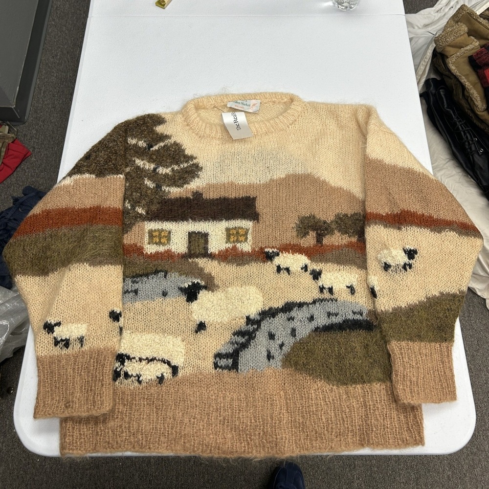 quill's woollen market Sweater Womens M Tan Sheep Landscape Mohair Blend Fuzzy